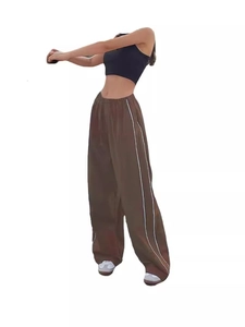 Women's brown casual drawstring wide leg pants with side stripes and elastic waist