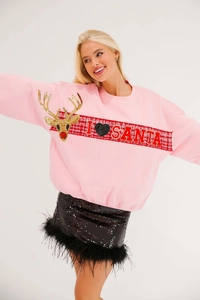Pink Christmas sweatshirt with sequin reindeer embroidery and black feather sequin skirt