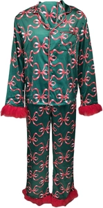 Detail of satin green pajama set with red bow prints and plush faux fur trim details