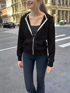 Women Zip Up Hoodie Loose Solid Color Long Sleeve Hooded Sweatshirt Casual Jacket With Pockets White Zipper Trim For Women
