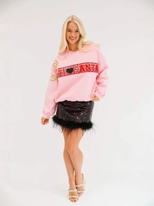 Pink Christmas sweatshirt with I Love Santa print and black sequin feather skirt set