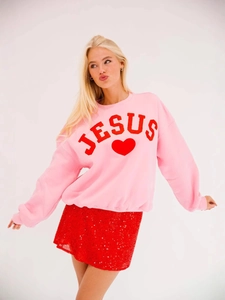 Women Casual Pink Round Neck Long Sleeve Sweatshirt Red Jesus Heart Chenille Patch Embroidery Loose Pullover Top