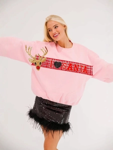 Pink Christmas sweatshirt with gold sequin reindeer and festive slogan in casual loose fit