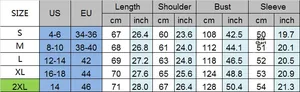 Detailed size chart for sequin sleeve sweatshirts including US and EU measurements
