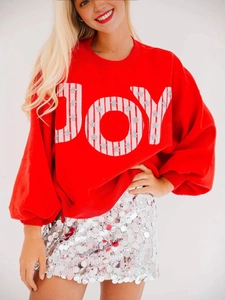Felpa da Donna con Stampa Lettere di Paillettes Girocollo Manica Lunga Casual Top per Feste di Natale