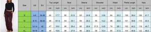 Detailed size chart for Christmas plaid pants and slim long sleeve T-shirt set from S to XL