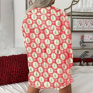 Rear view of Christmas pajamas set with festive tree and bow prints in red and pink
