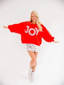 Felpa oversize rossa da donna con scritte JOY in paillettes argento per feste festose