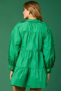 Detail of green tiered ruffle mini dress with long sleeves shown from a back perspective