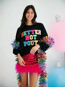 Felpa nera da donna con scritte glitterate Better Not Pout e gonna con piume da festa