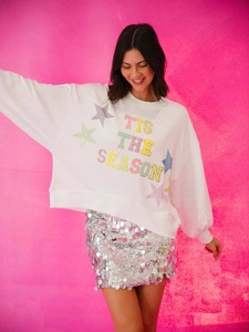 Felpa donna bianca con paillettes TIS THE SEASON e minigonna di paillettes argento da festa