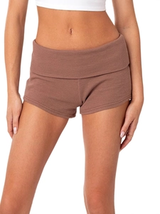 Short court en maille gaufrée pour femme avec taille rabattable élégante en marron