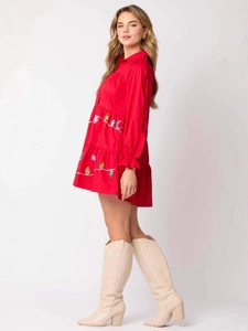 Women's festive red Christmas dress with colorful light bulb sequins and tiered skirt