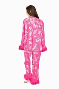 Pink satin Christmas pajamas with Nutcracker print and fluffy faux feather trim