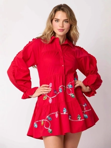 Christmas red shirt dress with tiered ruffled sleeves and colorful sequin bulb lights