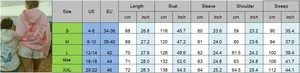 Detailed size chart for oversized embroidered hoodie showing CM and INCH measurements