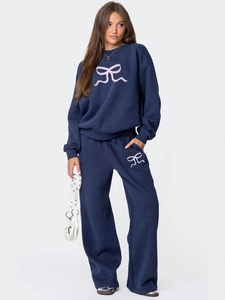 Ensemble Sweat-shirt à Imprimé Nœud pour Femmes Pull à Col Rond Manches Longues et Pantalon Large Survêtement Top et Bottom