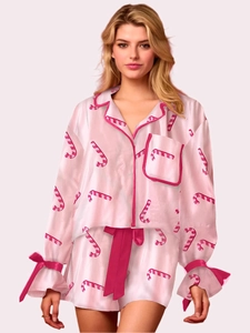 Set Pigiama da Donna in Raso con Stampa Natalizia Motivo Babbo Natale e Calice Top And Bottom Abbigliamento da Notte