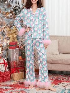 Women Christmas Satin Pajamas Long Sleeve Button Down Shirt And Pants Festive Print Loungewear With Faux Fur Trim