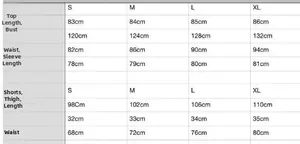 Detailed size chart for puff sleeve top and ruffled shorts set with measurements in cm