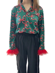 Women's green satin Christmas pajama set with red bow prints and feather cuffs