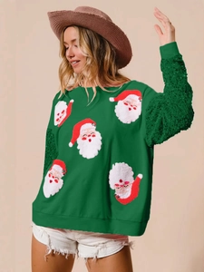 Women's green Christmas sweatshirt with Santa Claus embroidery and sequined textured sleeves
