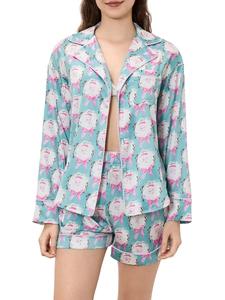 Women's light blue Christmas pajama set with long sleeve button shirt and shorts
