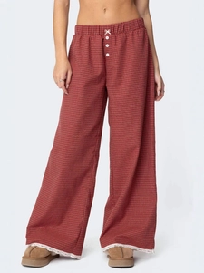 Pantaloni Vintage da Donna a Quadretti Gingham con Bordo in Pizzo Vita Elastica Gamba Dritta Larghi per Casa e Relax Casual