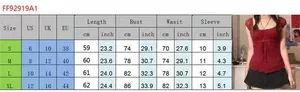 Size chart table for lace mesh top featuring US, UK, and EU measurements with fit details