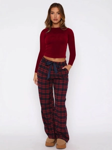 Women's burgundy long sleeve top and red plaid pajama pants set with drawstring waist