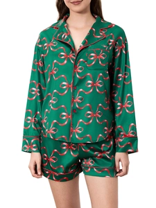 Women's dark green Christmas pajama set with red bow print, long sleeve shirt and shorts