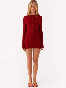 Elegant slim fit long sleeve ribbed knit button-up mini dress in deep burgundy red
