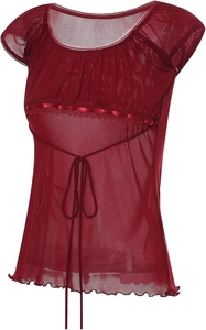 Detail of dark red mesh top with lace trim, satin ribbon accents and lettuce edge hems