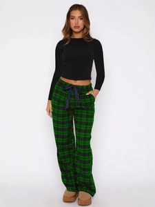 Women Christmas loungewear set with black long sleeve top and green plaid pants