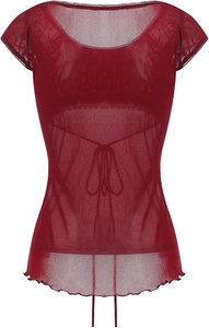 Detail of burgundy mesh lace top featuring drawstring waist and delicate ruffled hemline