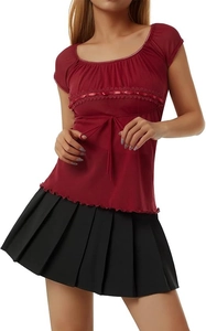 Close-up of dark red top with delicate white lace trim and bow knot detail