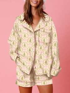 Women's two-piece Christmas pajama set with tree print long sleeve shirt and shorts
