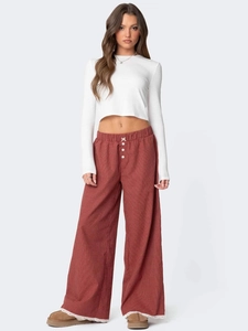 Pantaloni a gamba larga a quadri da donna con pizzo e fiocco in stile rustico country