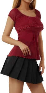 Detailed view of the mesh lace neckline and wine red top with ribbon bow and ruffles