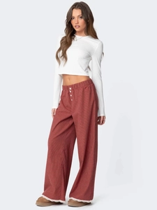Pantaloni ampi a quadretti con bordo in pizzo bianco e vita elastica in stile casual