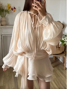 Close-up of pearl buttons on lantern sleeves with elegant silk-like pleated texture