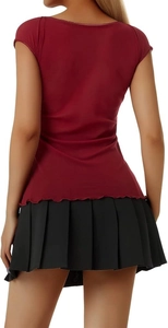 Detail of burgundy mesh top back with hollow lace neckline and ruffled hem design