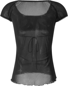 Detail of sheer black mesh top with delicate ruffle edges and front drawstring tie