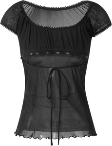 Detail of sheer black mesh top with lace neckline and center ribbon bow tie accents