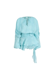 Aqua blue pleated long sleeve top with puff sleeves and ruffled peplum hem