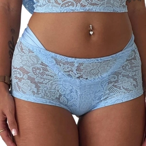 Light blue floral lace lingerie set featuring a low-waist boy short and matching crop top