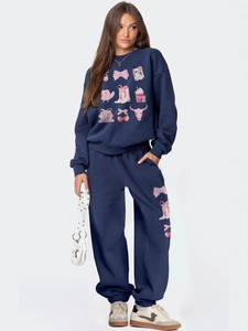 Women's Casual Oversized Thickened Hoodie Set Cotton Blend Top And Bottom With Bow Ribbon Graphic Print Western Style Loungewear