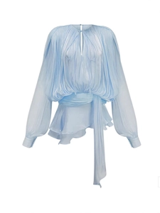 Light blue puff sleeve mini dress featuring metallic pleated fabric and ruffle hem