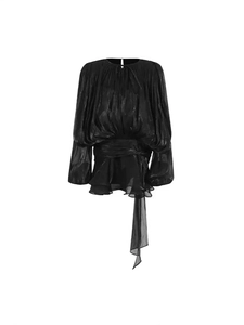 Elegant black puff sleeve blouse with ruffled hem and silk texture tie waist
