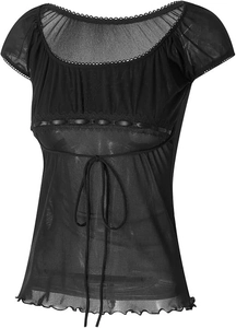 Detail of black mesh lace top with bow tie waist and vintage puff sleeve design